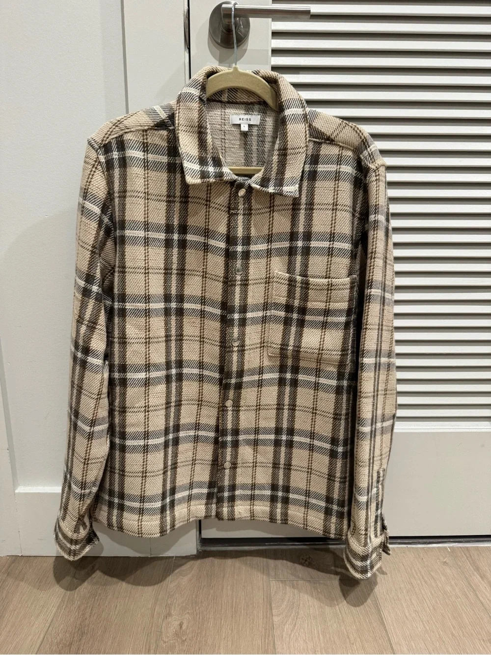 Reiss Beige and Black Plaid Lightweight Shirt Jacket
